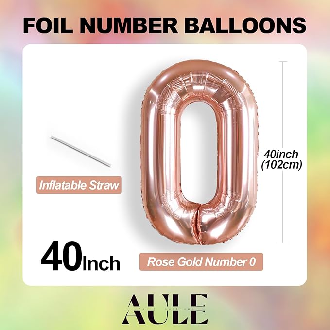 AULE 40 Inch Big Rose Gold 0 Balloon Number Large Foil Helium Number Balloons 0-9 Jumbo Giant Happy 0th Birthday Party Decorations for Boy or Girl Huge Mylar Anniversary Party Supplies