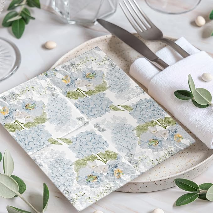 LeZakaa 25Pcs Hydrangea Guest Napkins, 3-Ply Floral Cocktail Beverage Bar Square Disposable Napkins Hand Towels for Wedding Engagement Bridal Shower Birthday Tableware Party Supplies, 5 x 5 In