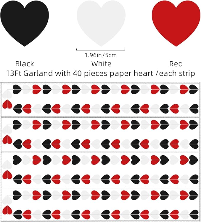 White Red Black Party Decorations - 52Ft Paper Heart Garland Streamers Birthday Banner Wedding Graduation Bachelorette Engagement Hanging Decor HongTongTong