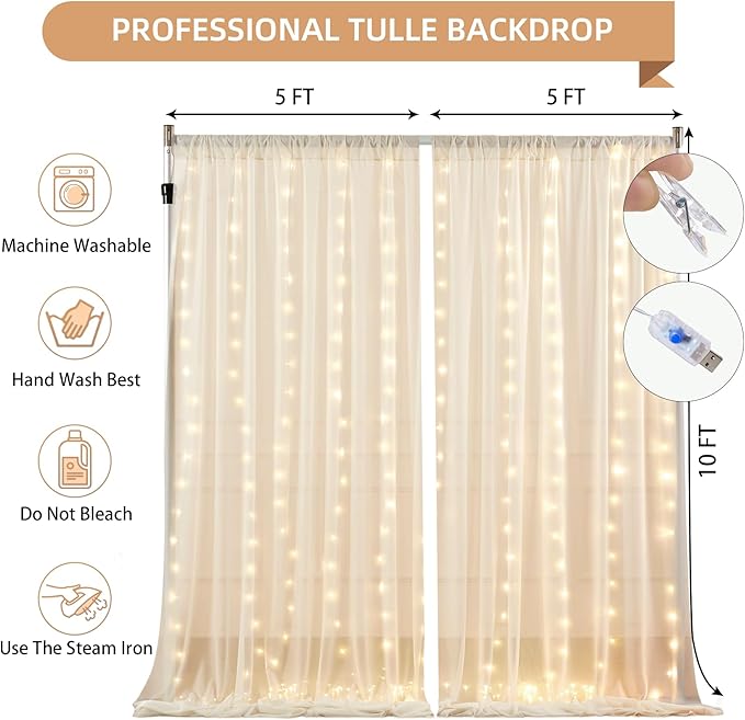 10x10FT Cream Wrinkle Free Backdrop Curtains with Lights String for Parties - Photo Curtain Backdrop with Lights for Wedding Decorations, Bridal Baby Shower Birthday Party Photography Background