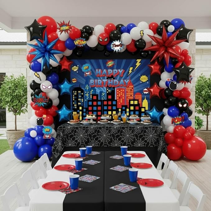 Blue Red Black white Balloon Garland Arch Kit 140PCS with backdrop card stickers Large Starburst mylar balloons for Spider Theme boy birthday Party Man Superhero inspired decorations