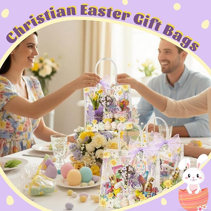 Henoyso 24 Pcs Easter He Is Risen Clear Gift Bags Christian Religious Plastic Goodie Treat Candy Bags with Handles Reusable PVC Party Favor Tote for Birthday Party Gift Wrapping, 7.8 x 7.8 x 3.1 Inch