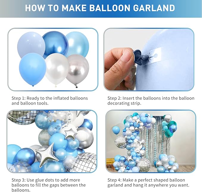 Blue Balloon Arch kit, Blue and White Balloon Garland with 22 Inch Disco Ball Balloons Metallic Silver Star Foil Balloons, Silver Confetti Balloons Metallic Blue Balloon for 80s Disco Party Decoration