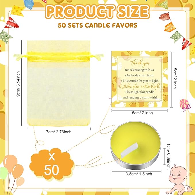 50 Sets Baby Shower Party Favors Including 50 Pcs Unscented Tealight Baby Shower Candles Gift Bags Cards for Gender Reveal Party Supplies(Yellow)