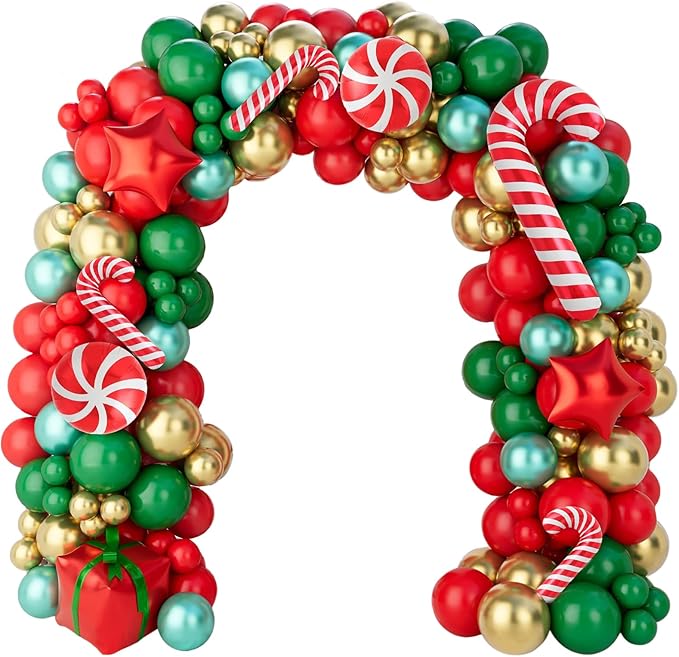 Christmas Balloon Arch Kit, 150Pcs Red Green Gold Balloon Garland with Candy Cane Balloons Red Star Balloons for Christmas Party Decorations, Xmas Decorations for Indoors