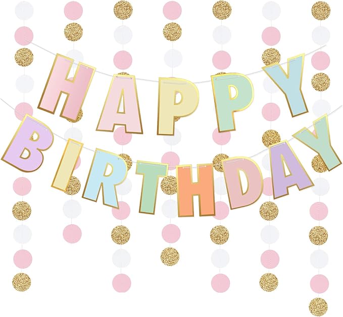 Pre-Strung Happy Birthday Banner and Decorations-Girls Toddler Birthday Decorations-Happy Birthday Banner and Dot Garland Pastel Colors