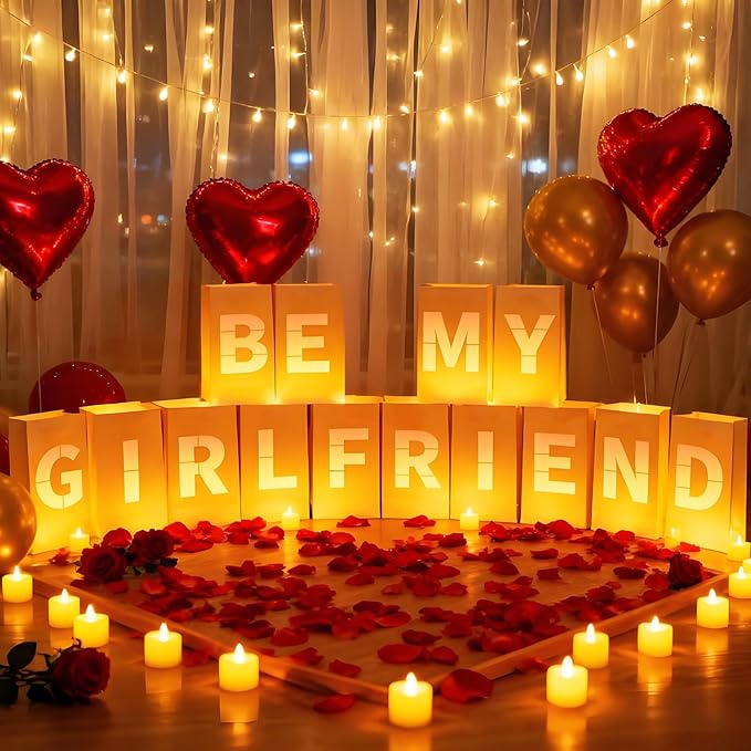 Be My Girlfriend Light Up Letters, Include Light up Letters, with Tea Lights Candles, Latex Balloons, Aluminum Balloons and Rose Petals, Anniversary and Valentines' Day Decorations for Women