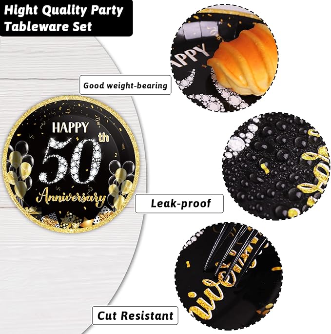 96 Pcs 50th Anniversary Party Paper Plate Napkin Fork Employee Career Wedding 50th Anniversary Gold Black Disposable Paper Dessert Dinner Tableware Fiftieth Anniversary Party Supplies Favors 24 Guests