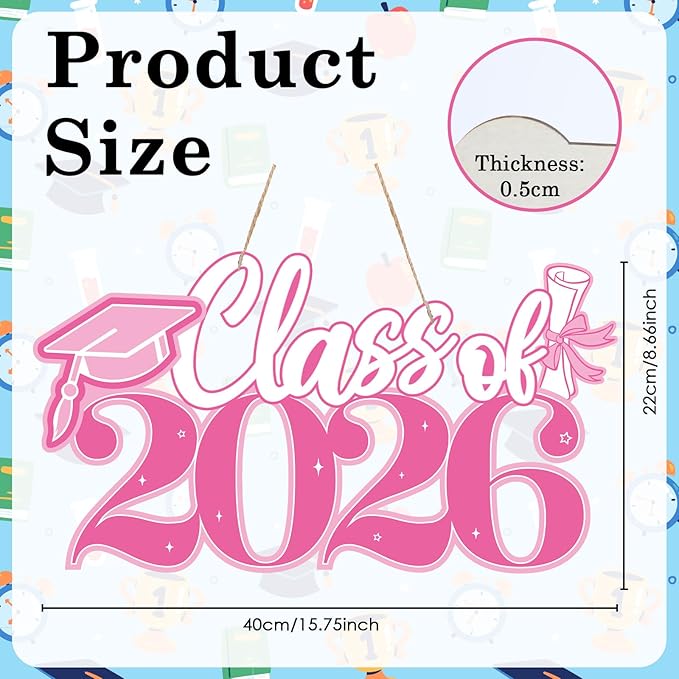 2026 Graduation Signs Decorations, 7 Pcs Class for 2026 Wooden Sign Graduation Party Photo Booth Prop, Wood Cutout High School College Graduation Ceremony Decor Supplies (Pink & White)