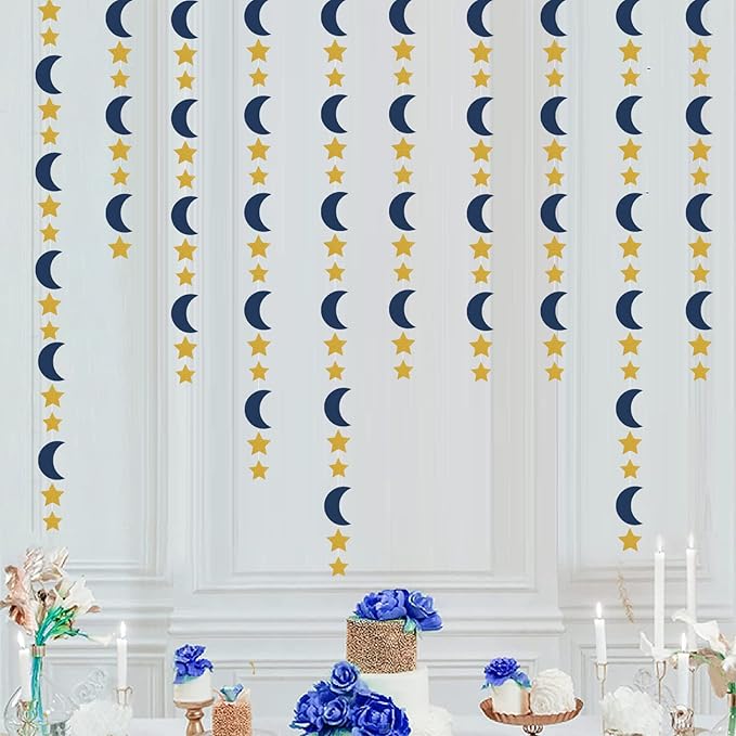 Navy-Blue Gold Moon-Star Party-Decorations Garland - 52Ft Twinkle Little Star Hanging Decoration Streamers Banner, Eid Ramadan Mubarak Decoration Birthday Wedding Baby Shower Party Decor Panduola