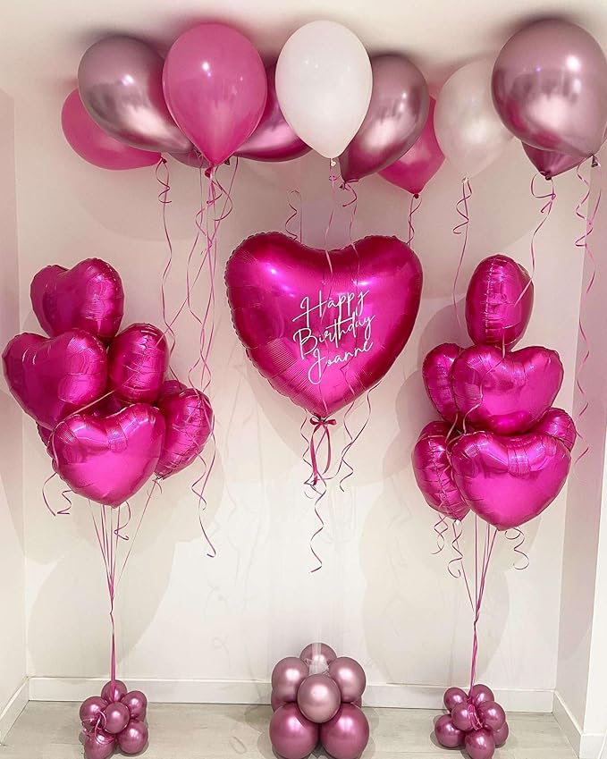 Lovoir 12 Pcs Pink Heart Shape Foil Mylar Balloons 18 Inch Love Balloons for Valentine's Day Birthday Party Decorations Wedding Engagement Romantic Decor (Pearl Pink & Silver & Hot Pink)