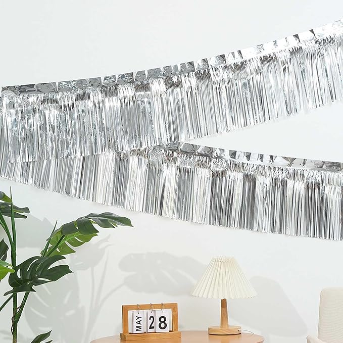 Silver Foil Fringe Garland 6Pcs 10 Feet Metallic Tinsel Hanging Curtain Glitter Backdrop Banner for Parade Floats Christmas Wedding Party Decorations