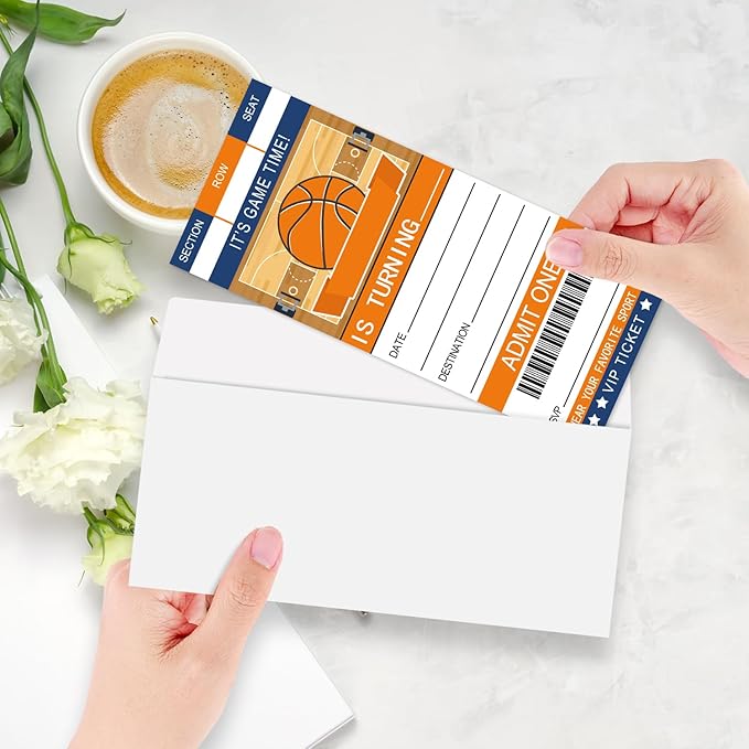 Basketball Birthday Invitation Ticket, Sports Party Celebration Invite for Boys Girls, 20 Basketball Ticket With Envelopes, 3.5 x 8" Double-Sided Fill In Birthday Party Personalized Invites Cards