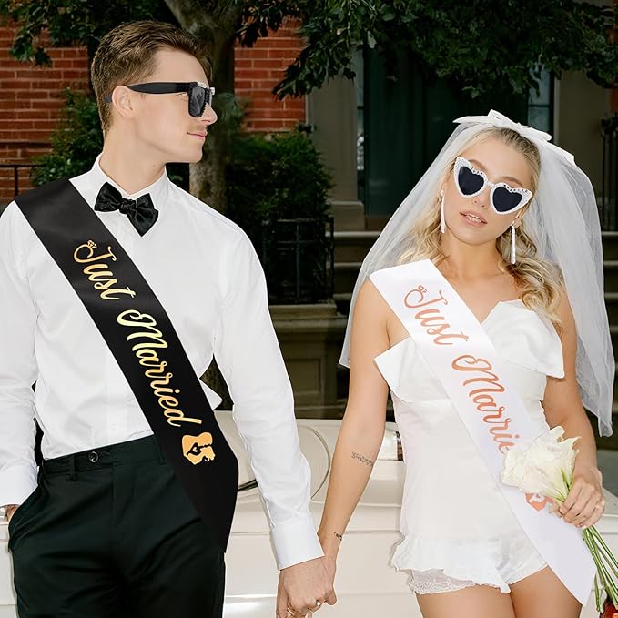 Just Married Bride and Groom Sunglasses and Sash for Just Married Wedding Party Decorations