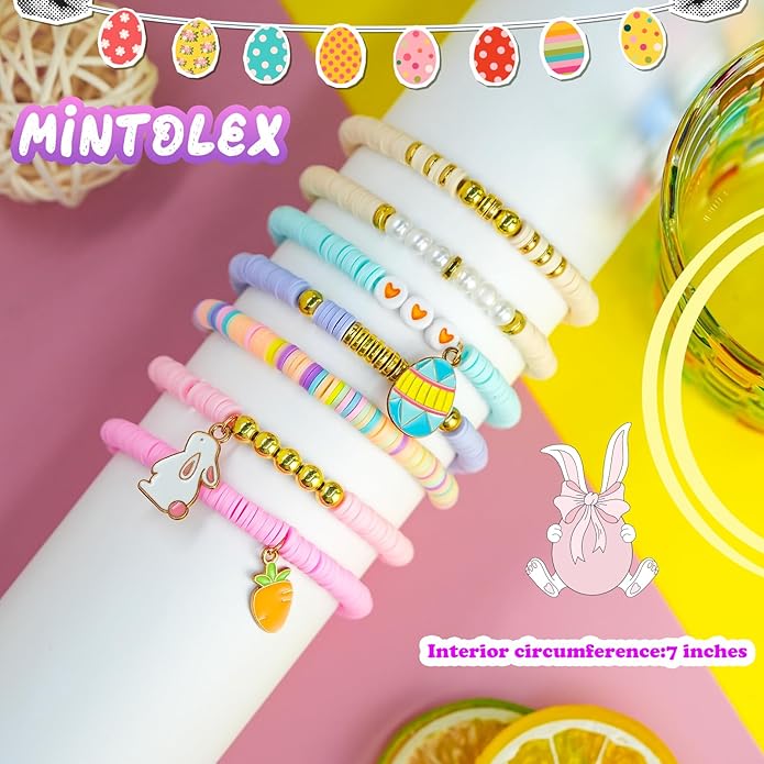 7 Pcs Easter Bracelets for Women with Bunny Carrot and Egg Charms Pastel Preppy Stretch Polymer Clay Beads Stackable Jewelry Set for Easter Gifts and Spring