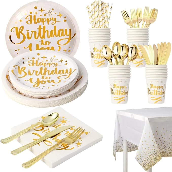 201 Pieces Birthday Plate Set, Birthday Decorations, Includes Paper Plates, Paper Cups, Straws, Napkins, Tablecloths, and Plastic Knives, Forks, and Spoons, Suitable for parties of 25 people!（White）