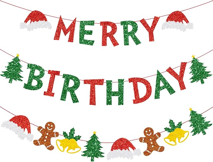Zwiebeco Merry Christmas Birthday Party Decorations Red Green Banner Hanging Paper Tree Gingerbread Man Bells Hat Sign for Xmas Wall Home Garden Outdoor Accessories Supplies