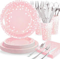 Pink Birthday Plates Baby Shower Party Supplies,168PCS Pink Plates Set with Silver Cutlery for Baby Girl Birthday Party Decorations Serve 24