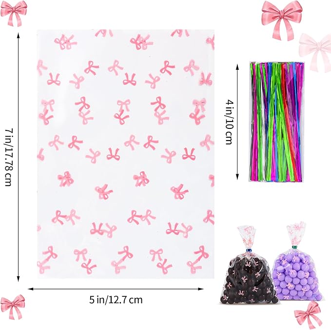 SOMIOCO Clear 5x7in 100PCS Cello Cellophane Treat Bags - Pink Candy Cookie Bags with Twist Tie for Birthday, Baby Shower, Wedding, Party (Bow Pattern)