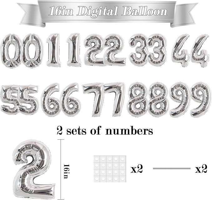 TONIFUL Number Balloons 16 Inch Fat Silver 2 Set 0-9 Number Mylar Foil Balloons 20 Pcs Custom digitalal for 2026 New Year Eve Birthday Party Engagement Graduations Anniversary Baby Shower Decor