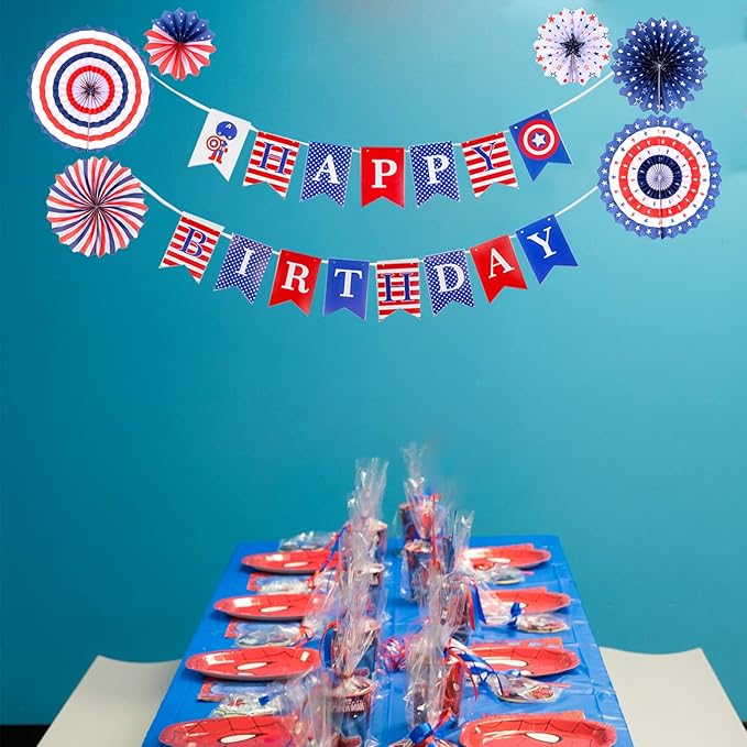 Zwiebeco Red Blue White Happy Birthday Party Decorations Banner Bunting Garland Hanging Paper Fan Kit for Boys Kids Captain America Spiderman Superhero Theme Accessories Supplies