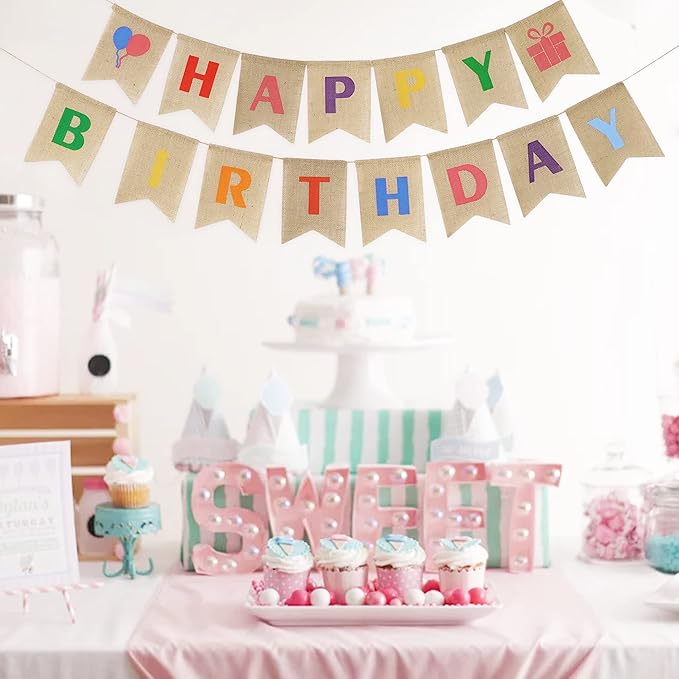 HUIHUANG Rainbow Birthday Banner Set - 2pcs Happy Birthday Banners - 15 Flags - 5" x 78" - Burlap Material - Perfect for Birthday Parties