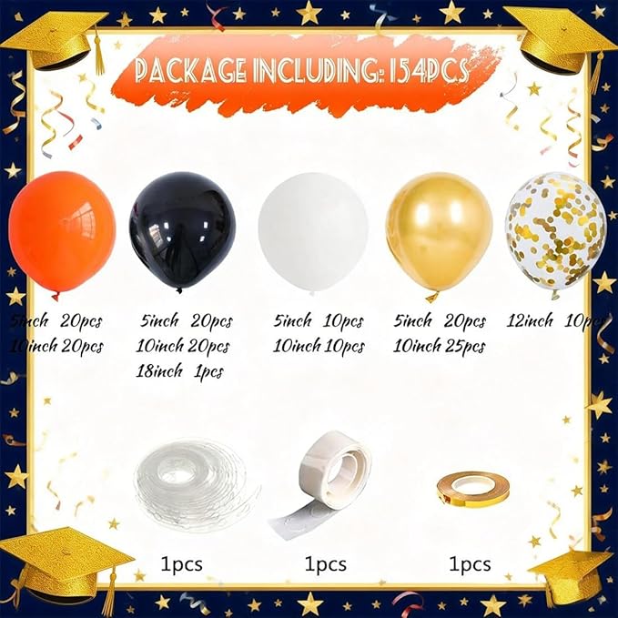 Orange Black White Balloon Arch Kit 163Pcs with Gold Confetti Balloon for Orange and Black Birthday Party Decorations Graduation Party Birthday Party