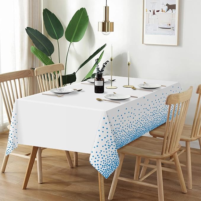 QIKSION 6 Pack White and Blue Dot Plastic Tablecloth, Waterproof Disposable Party Table Cloths for Baby Shower, Wedding, Anniversary, Birthday Party(54 × 108 Inch)