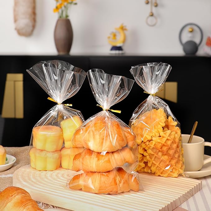 RICEDUO 100-Pack Cellophane Treat Bags with Twist Ties - 6x10 Inch Clear Party Favor Bags for Candy, Cookies, Birthday Goodies, Baby Showers & Holiday Gift Wrapping