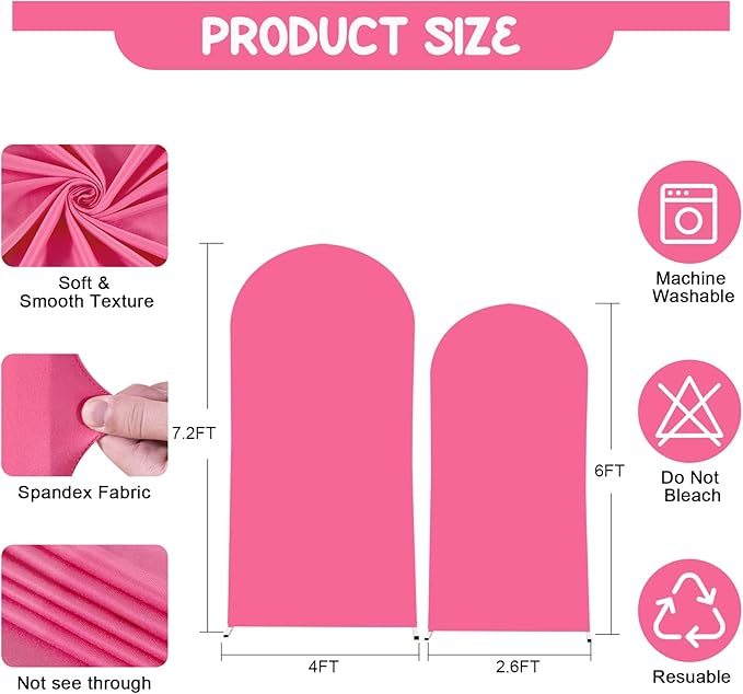 Hot Pink Arch Backdrop Covers - 7.2FT, 6FT Spandex Fitted Wedding Arch Stand Covers Round Top Chiara Stretchy Arch Backdrop Cover for Valentines Wedding Birthday Party Decoration