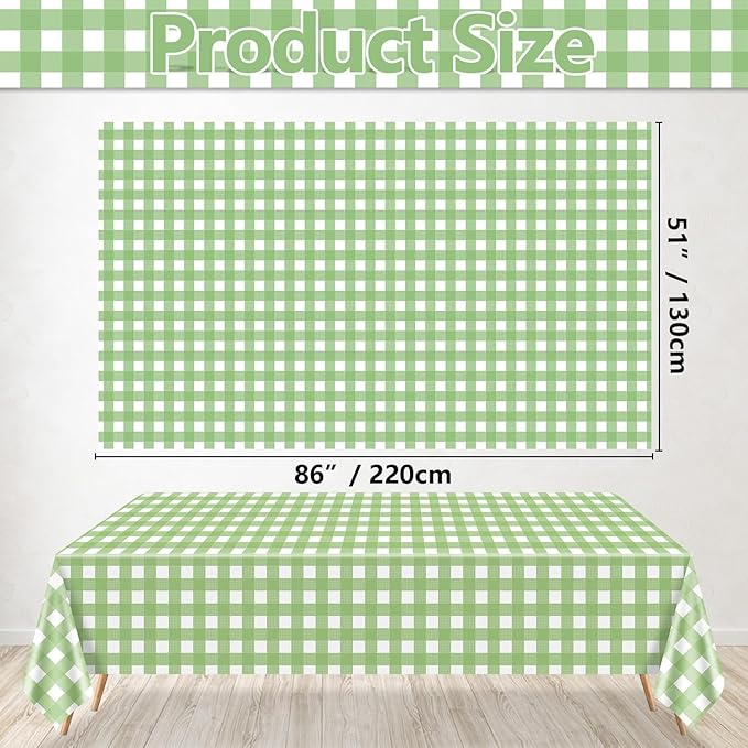 4 Pack Sage Green Gingham Tablecloths, Light Green and White Checkered Tablecloths 86.6 x 51.2 Inches Rectangular Waterproof Picnic Table Covers for Birthday Party Holiday Outdoor Supplies