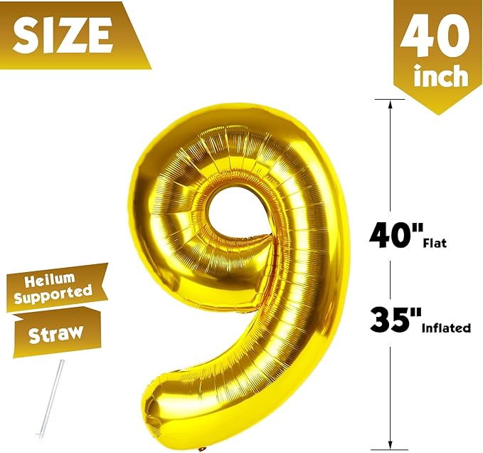 40 Inch Gold Number 9 Balloon, Giant 9 Number Balloons for 9th Birthday Decorations, Party Supplies for Baby Boy Girl, Gold Party Decor