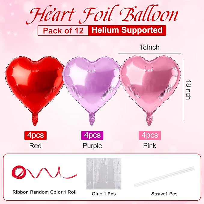 12 Pcs Purple and Red Heart Foil Balloons for Valentines Day Decorations, 18 Inch Romantic Love Valentine Heart Balloons for Galentines Day Decorations Wedding Marriage Birthday Bridal Shower Party