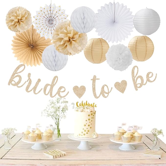 White Champagne Gold Boho Bachelorette Party-Decorations - 21pcs Women Bridal Shower Banner Garland,Bride To Be Paper Streamers Lanterns,Flower Tissue Pom Poms Fan Favors Wedding Decor Huglony