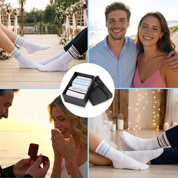 Bride Socks for Wedding Day 2 Pairs - Bridal Groom Socks Bride to Be Something Blue Cotton Ankle Sock with Gift Box
