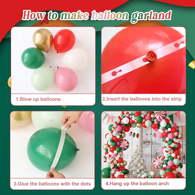 Christmas Balloon Garland Arch kit, 161 Pcs Red Green White Pink Metallic Gold Balloons Candy Cane Foil Balloons for Xmas Christmas Party Decorations Candy Theme Birthday Baby Shower Supplies
