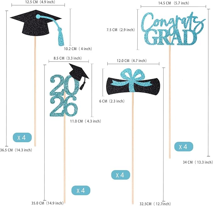 Gexolenu 16 PCS Light Blue Double-Sided 2026 Graduation Centerpieces for Tables, 2026 Table Toppers Party Centerpiece Sticks Party Supplies, Graduation Party Decorations Class of 2026, Set of 4