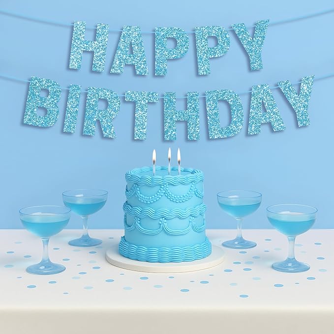 Pre-strung Happy Birthday Banner - No DIY - Light Blue Glitter Happy Birthday Party Banner for Boys & Girls - Pre-strung on 8 ft Strands - Blue Bday Party Decorations & Decor. Did We Mention No DIY