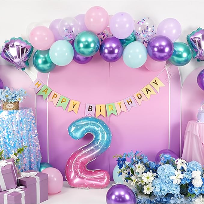 2nd Mermaid Birthday Decorations for Girls,2nd Party Decorations Metallic Purple Green Pink Blue Latex Balloons Number 2 Seashell Foil Balloons Banner Cake Topper Sea Party Decor