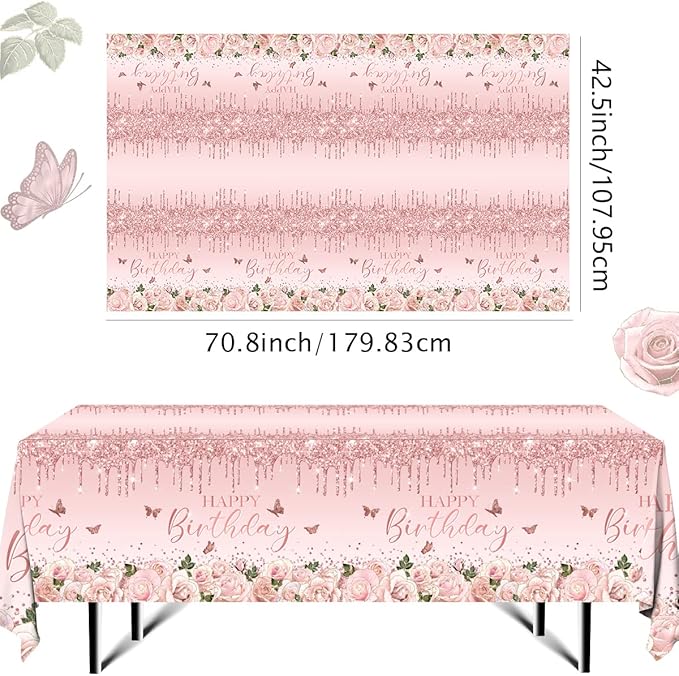 HAKOTI Pink Rose Gold Tablecloth Decoration - 3 PCS Happy Birthday Tablecloth Disposable Plastic Sequin Tablecloth Girls Birthday Wedding Party Tablecloths for 50th 60th 70th 80th Men or Women