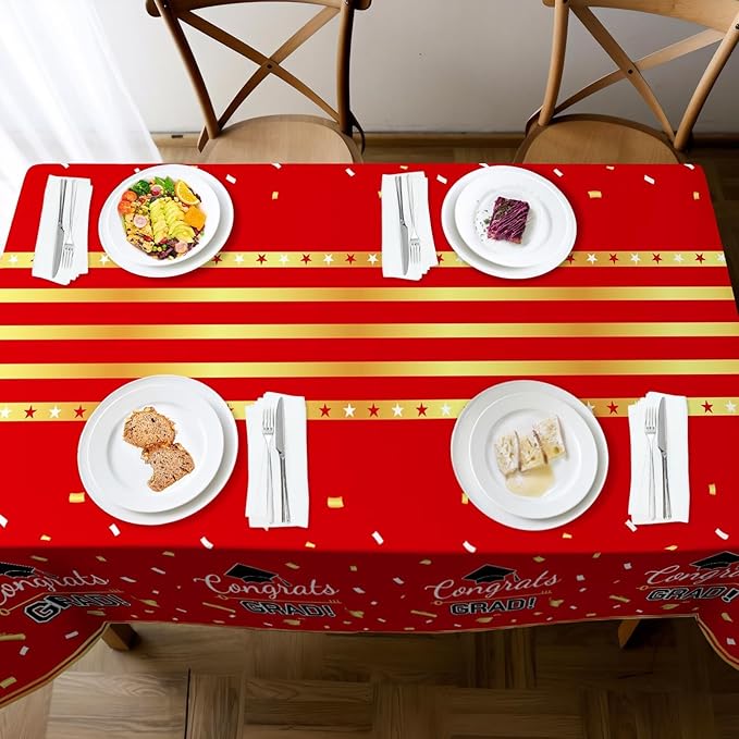 Childom 3 Pack Graduation Tablecloth,Graduation Decorations Class of 2026 Graduation Party Decorations,54"x108" Red and Gold Plastic Table Cloth Disposable Rectangle for Home,School,Party Supplies