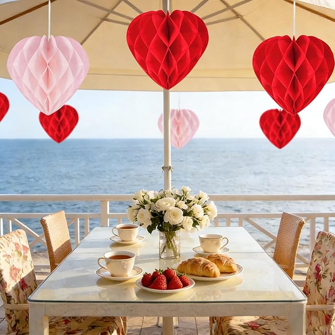 12 Pcs Heart Honeycomb Ball Heart Shaped Hanging Paper Pom Poms Decorations Valentines Photo Backdrop Decor Birthday Wedding Baby Shower Party Supplies