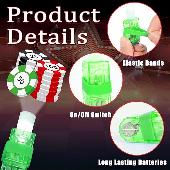 CHUNNIN 36 PCS Casino Party Favors Casino Birthday LED Light Up Finger Lights, Glow in the Dark Poker Party Finger Light Bulk for Goodie Treat Bags Stuffers Game Birthday Party Supplies