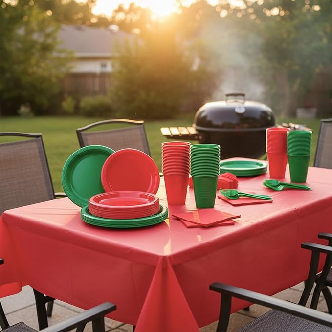 Red and Green Plastic Plates for Party,Disposable Tableware Kit with 50 9'' Plates,50 7'' Dessert Plates,50 Napkins,50 Forks,50 Cups & 2 Tablecloths for Birthday,Picnic,Christmas