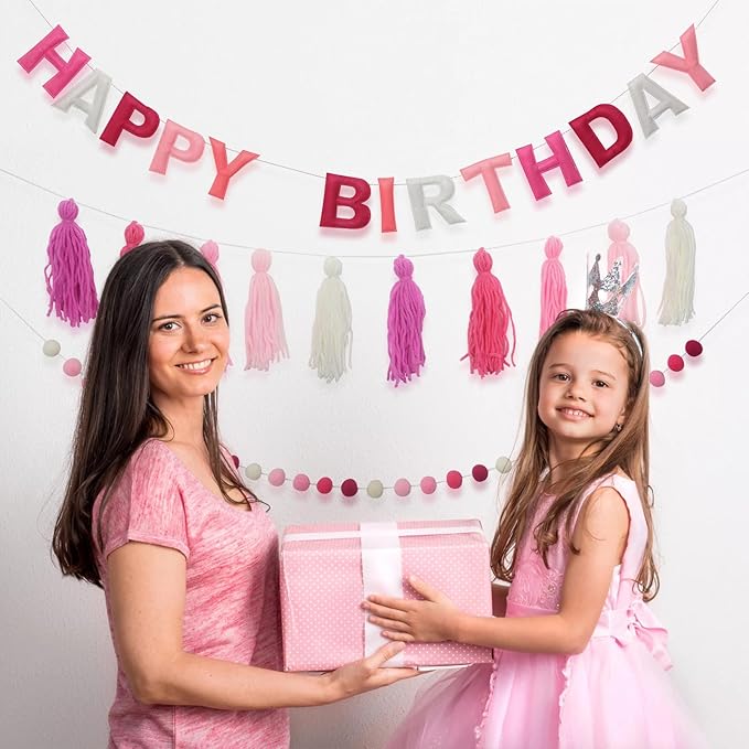 Pre-Strung Happy Birthday Banner Felt Ball Garland Banner Sign for Pink Birthday Party Decorations Mermaid Party Decor