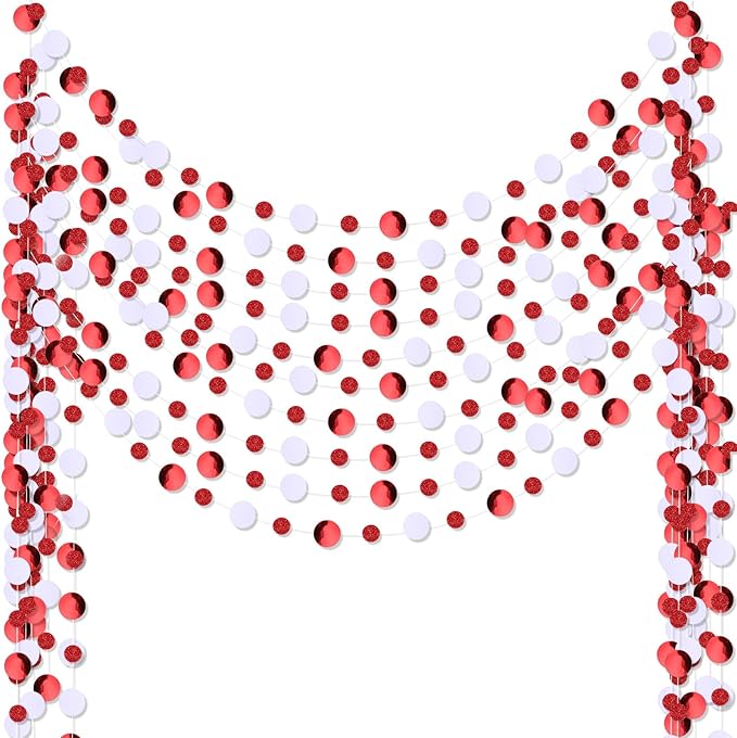 Outus 10 Pieces Red Round Dots Garland Easter Graduation Party Hanging Decor Each Length 13.1ft Glitter Paper Dot Streamers for Birthday Wedding Classroom (White)