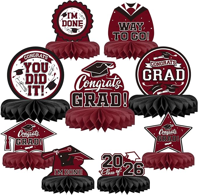 9PCS Graduation Party Decorations Class of 2026 Congrats Grad Table Centerpiece Congratulate Graduation Honeycomb Table Toppers for Graduation Party Supplies(Maroon,Black）