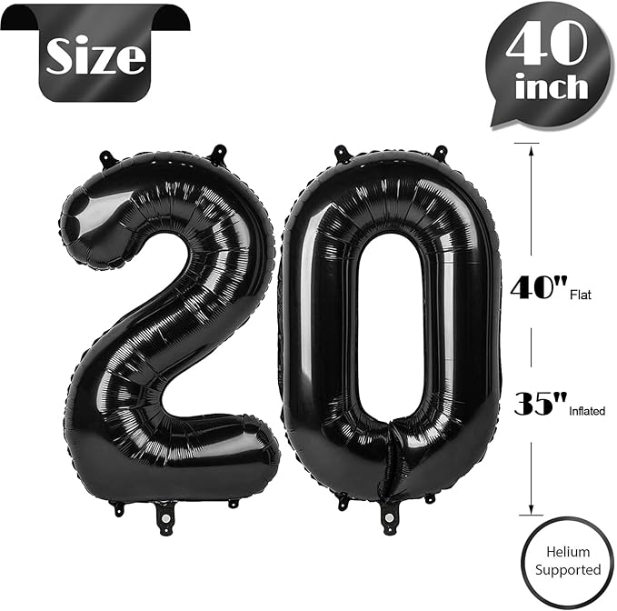 Black Number 20 Balloon 40 inch, 20 Number Balloons, 20th Black Birthday Decorations, 20 Year Old Girls Boys Party Supplies