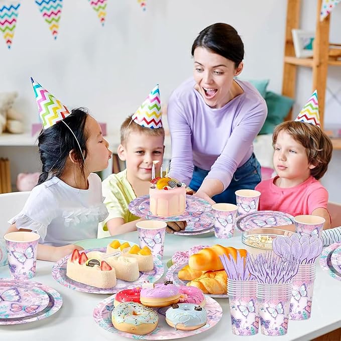 Butterfly Party Decorations 168pcs Butterfly Plates Napkins Cups Disposable Tableware Set Floral Butterflys Birthday Party Supplies for Girls Birthday Baby Shower Bridal Shower Serves 24 Guests