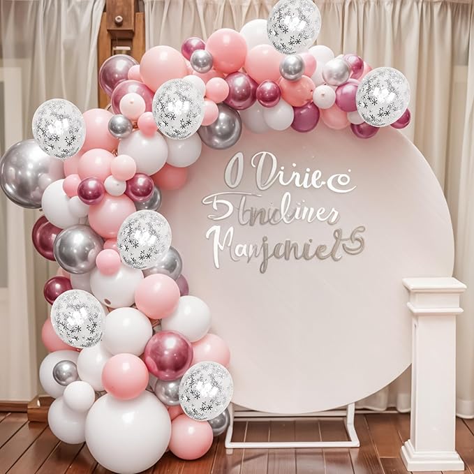 Pink Winter Wonderland Balloons, 60PCS Pearl White & Pink Double Stuffed Balloons, Metallic pink Silver and Snow Balloon for Princess Ice Wonderland Baby Shower Christmas Birthday Party Decorations